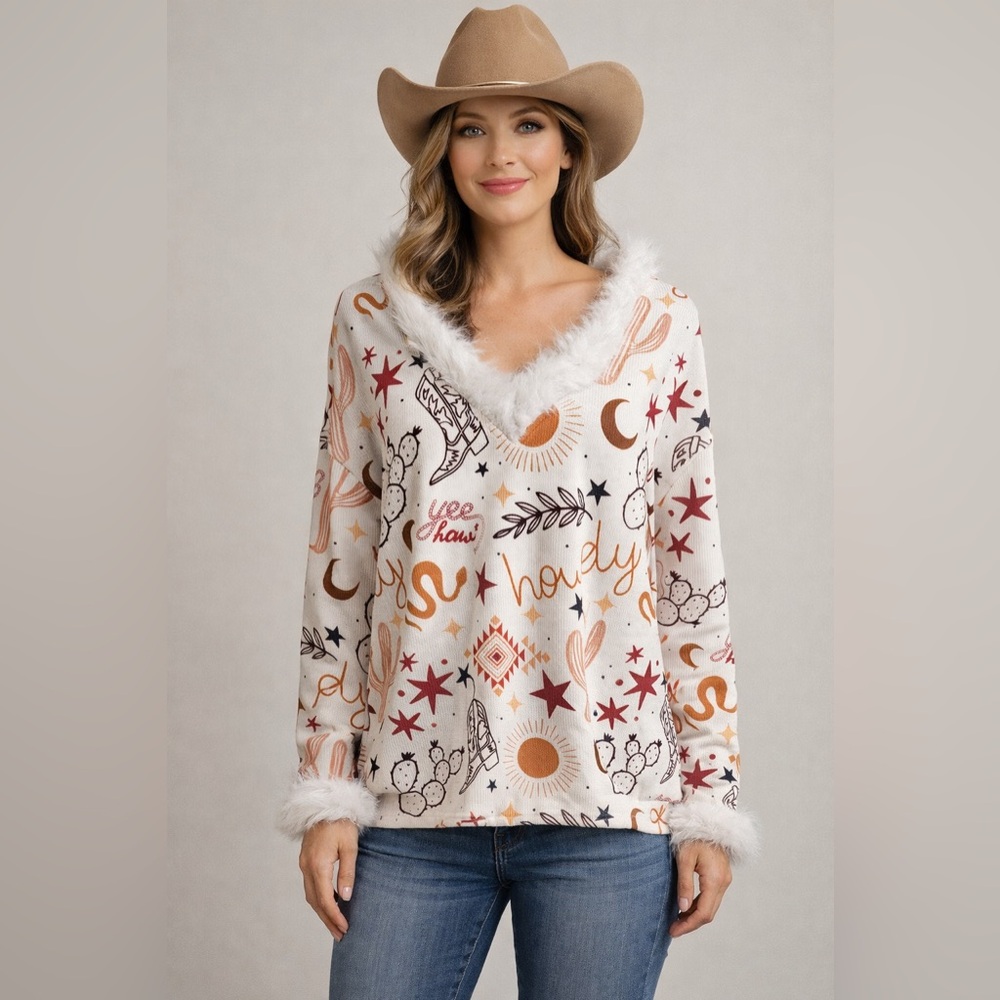 NWT Howdy Faux Fur Trimmed Blouse Top